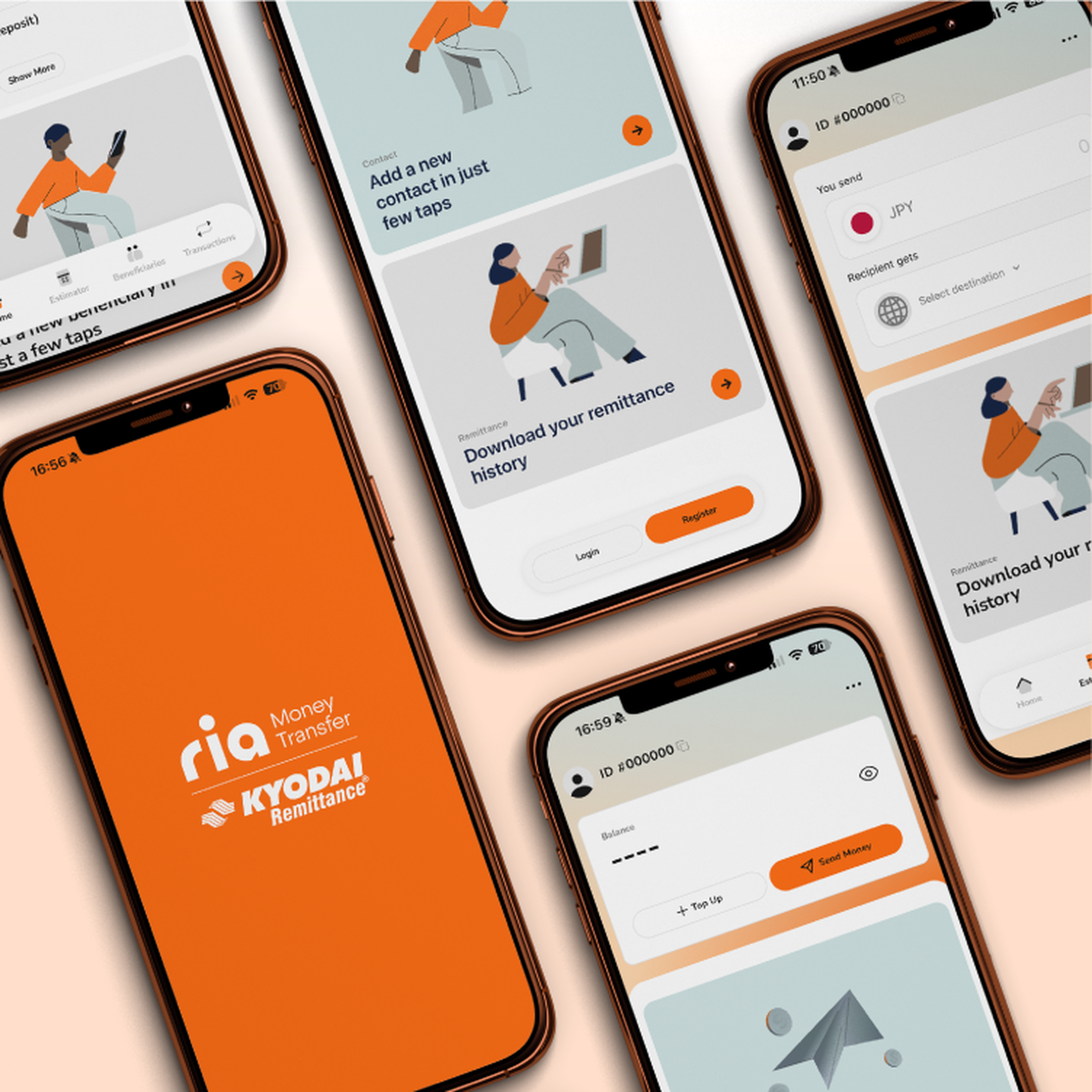 Ria and KYODAI Remittance app screens showing user profile, top up, send money and download your remittance history