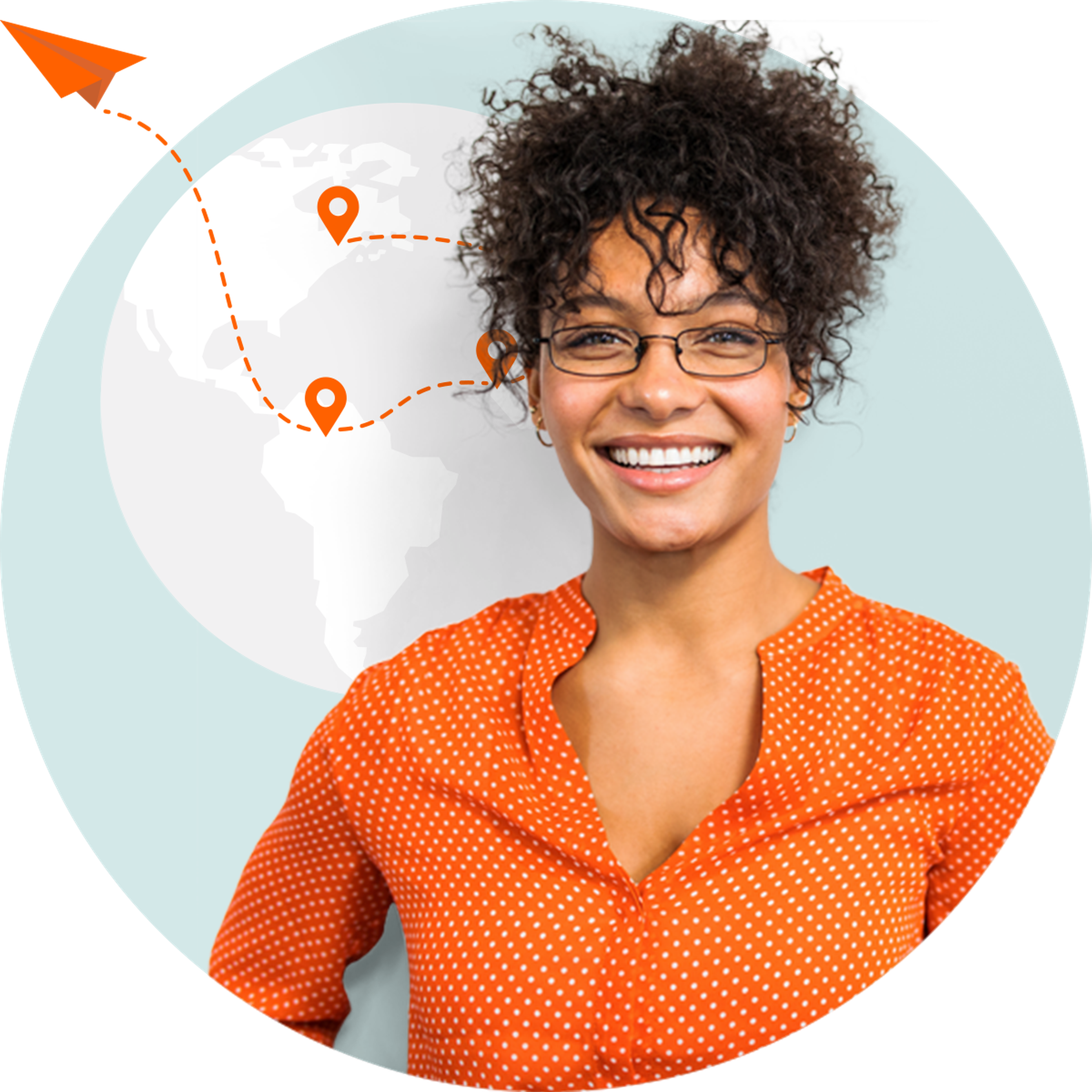Woman in orange polka-dot shirt smiling, with world map and airplane icon showing international money transfer routes.