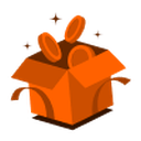 Orange box opening with three coins spilling out, surrounded by brown sparkles.