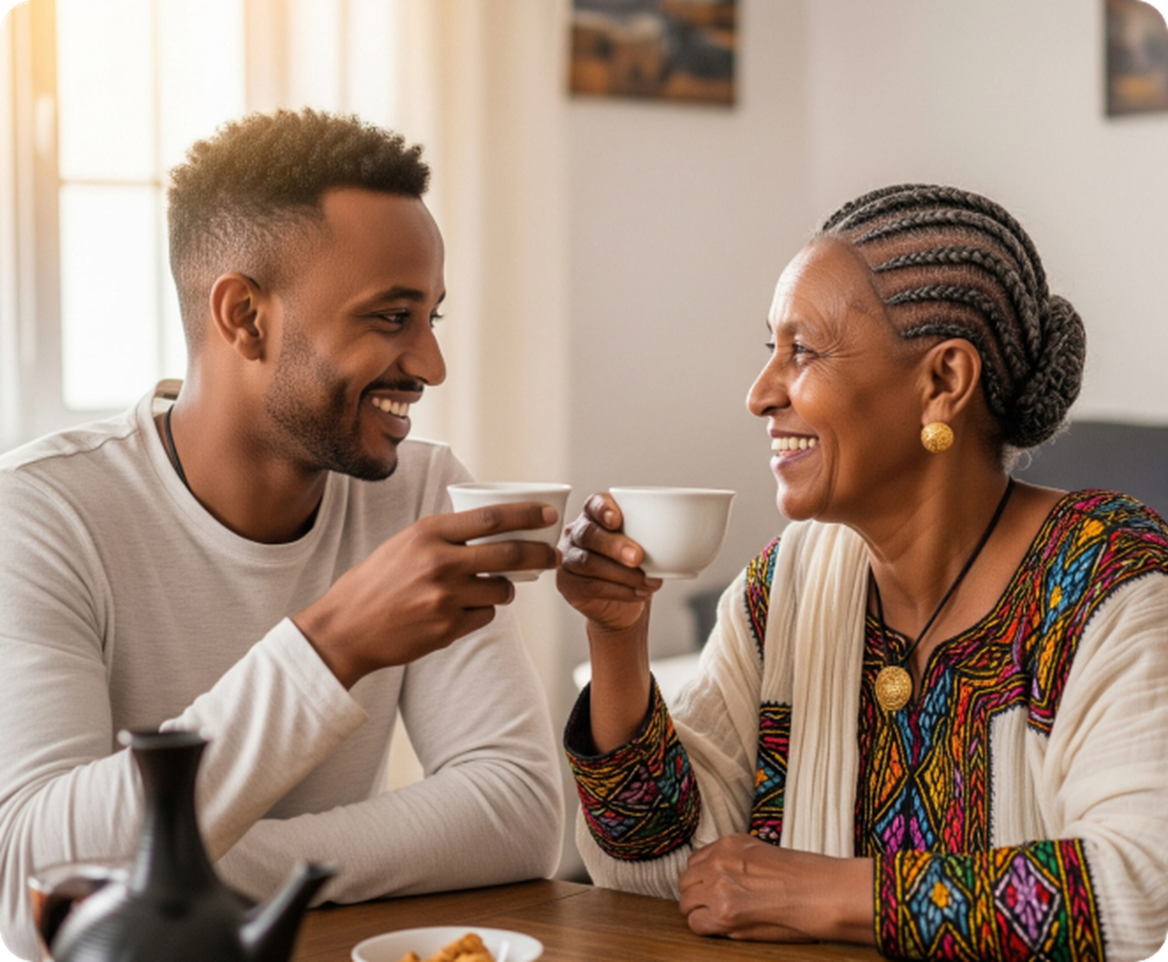 Ethiopian mother and son enjoying coffee