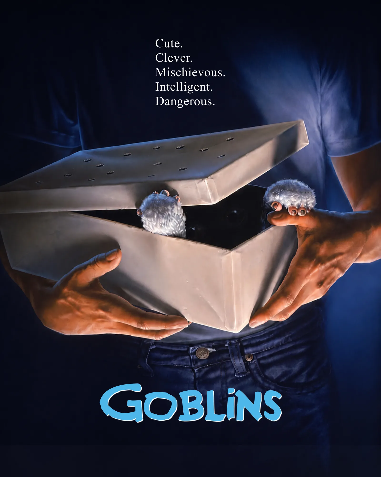 Movie poster pastiche in the style of Gremlins, showing two hands holding a metal box with airholes. A small fuzzy creature peeks over the edge. Tagline reads "Cute. Clever. Mischievous. Intelligent. Dangerous." Title at the bottom: GOBLINS.