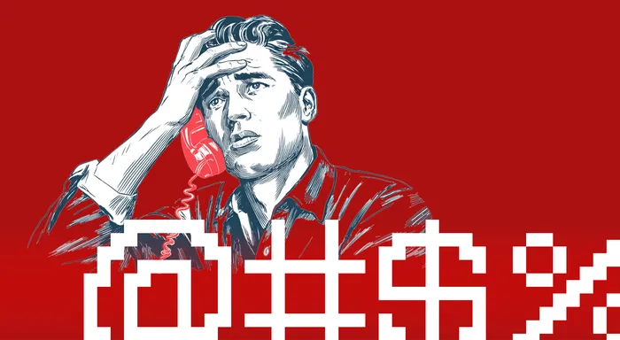 A vintage-style illustration of a man on a phone, looking like he just got very bad news, beneath a bold @#$% grawlix.