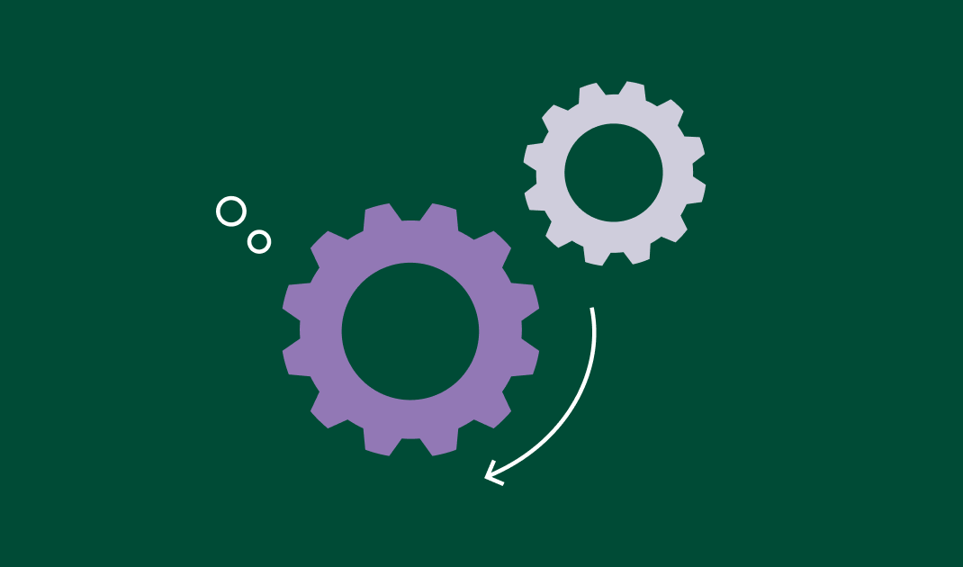 Two gears with a rotating arrow, symbolizing automation, processes, and system configuration