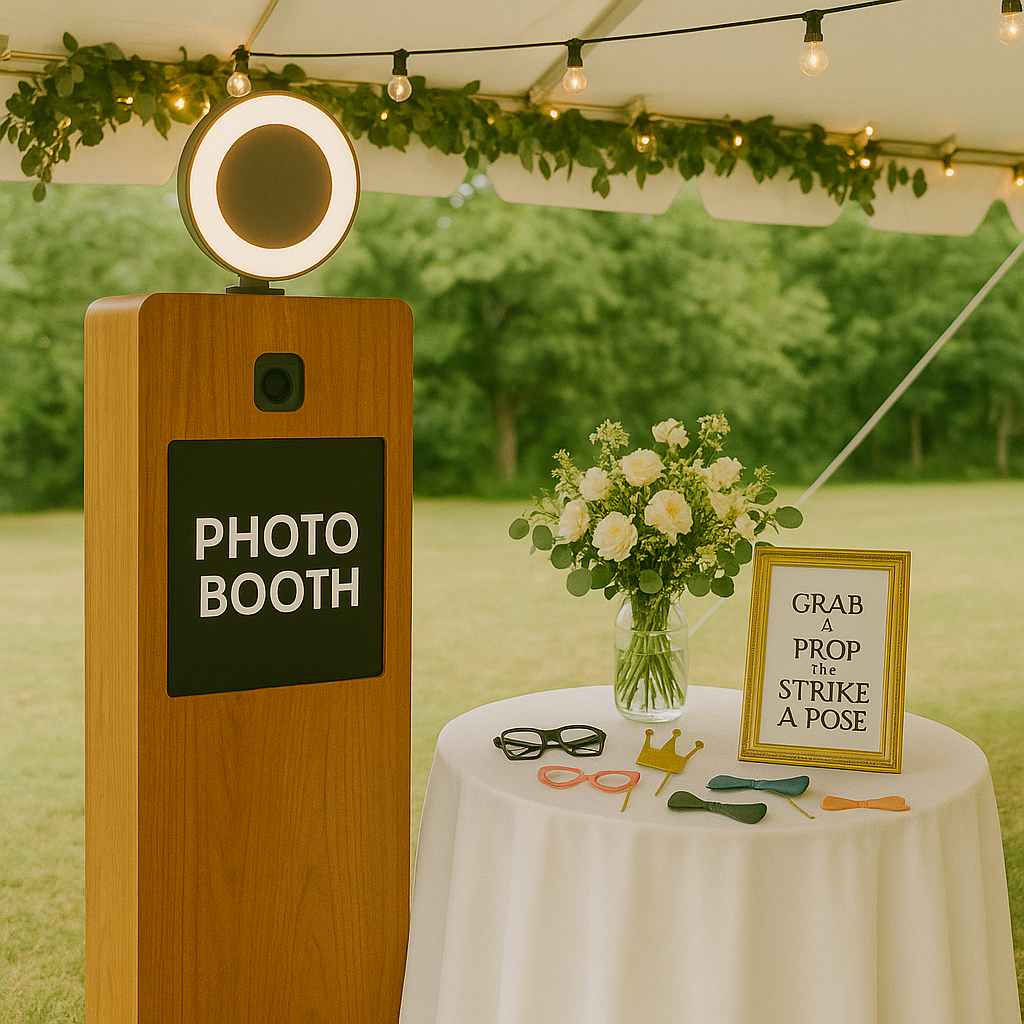 Fotobox unter einem Festzelt. Daneben ein Tisch mit Requisiten und Blumen. Im Hintergrund eine Wiese und ein Wald.