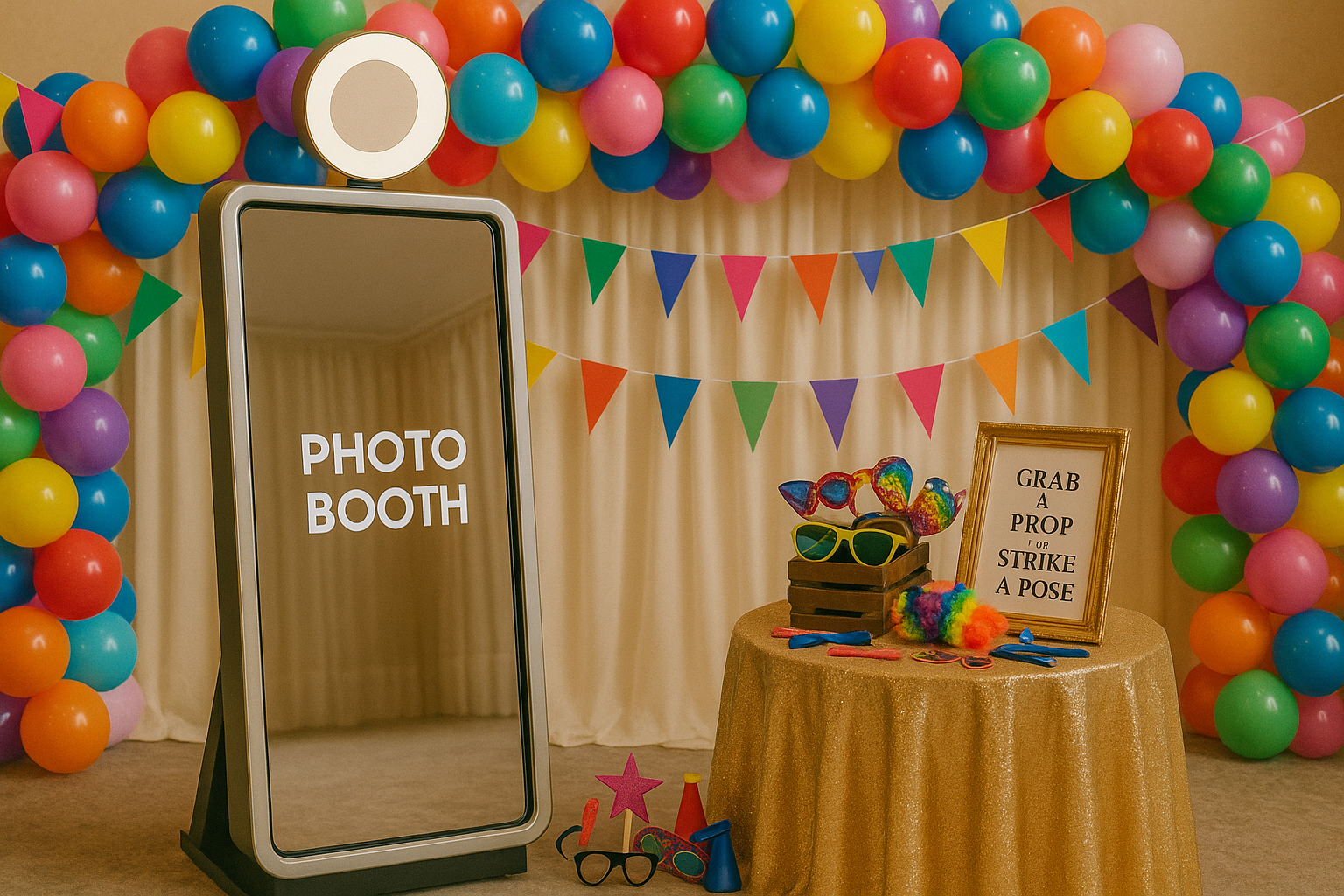 Spiegelfotobox mit bunten Ballons im Hintergrund und Requisitien auf einem Tisch