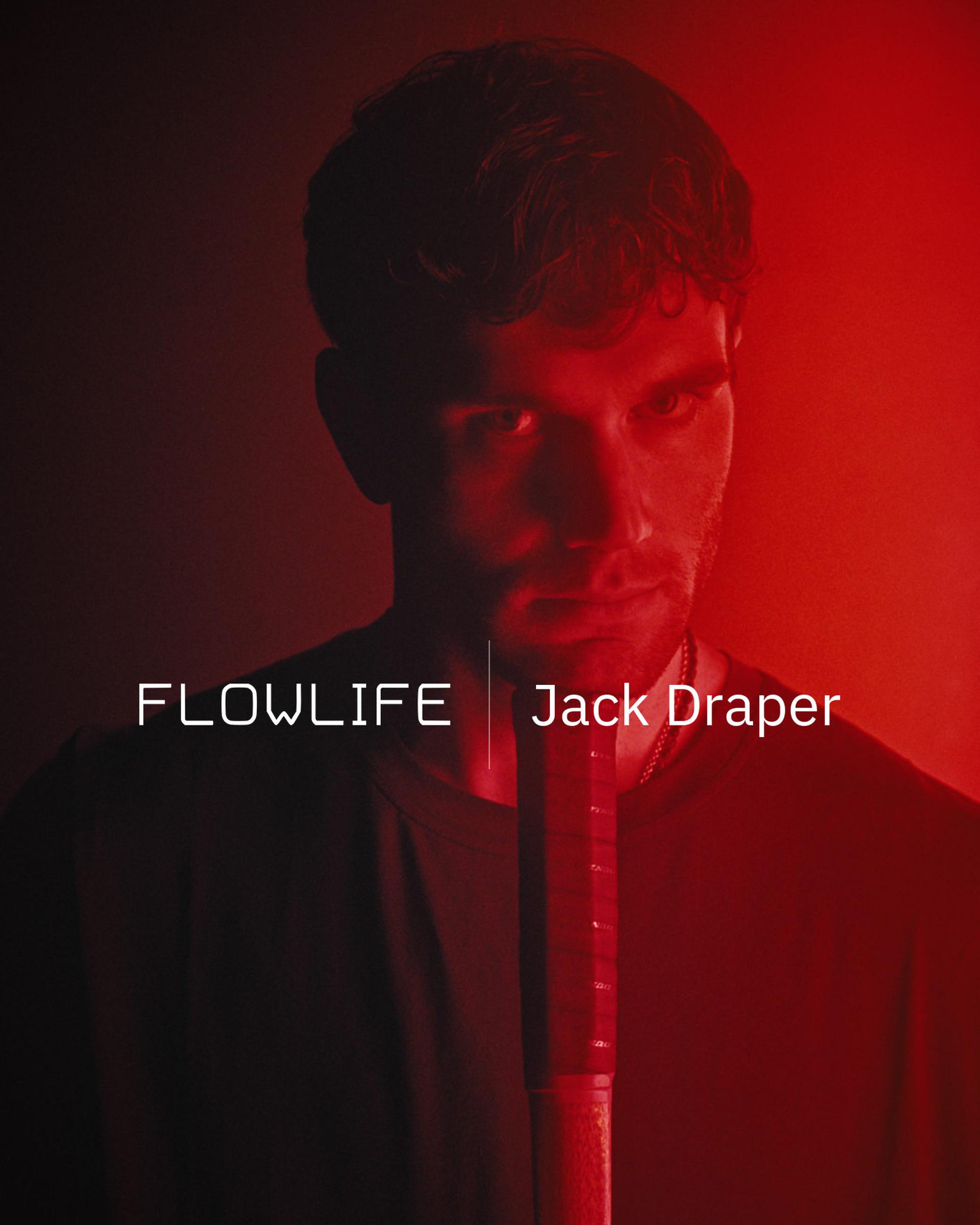 Jack Draper in red light beside a tennis racket, with the Flowlife logo and his name.