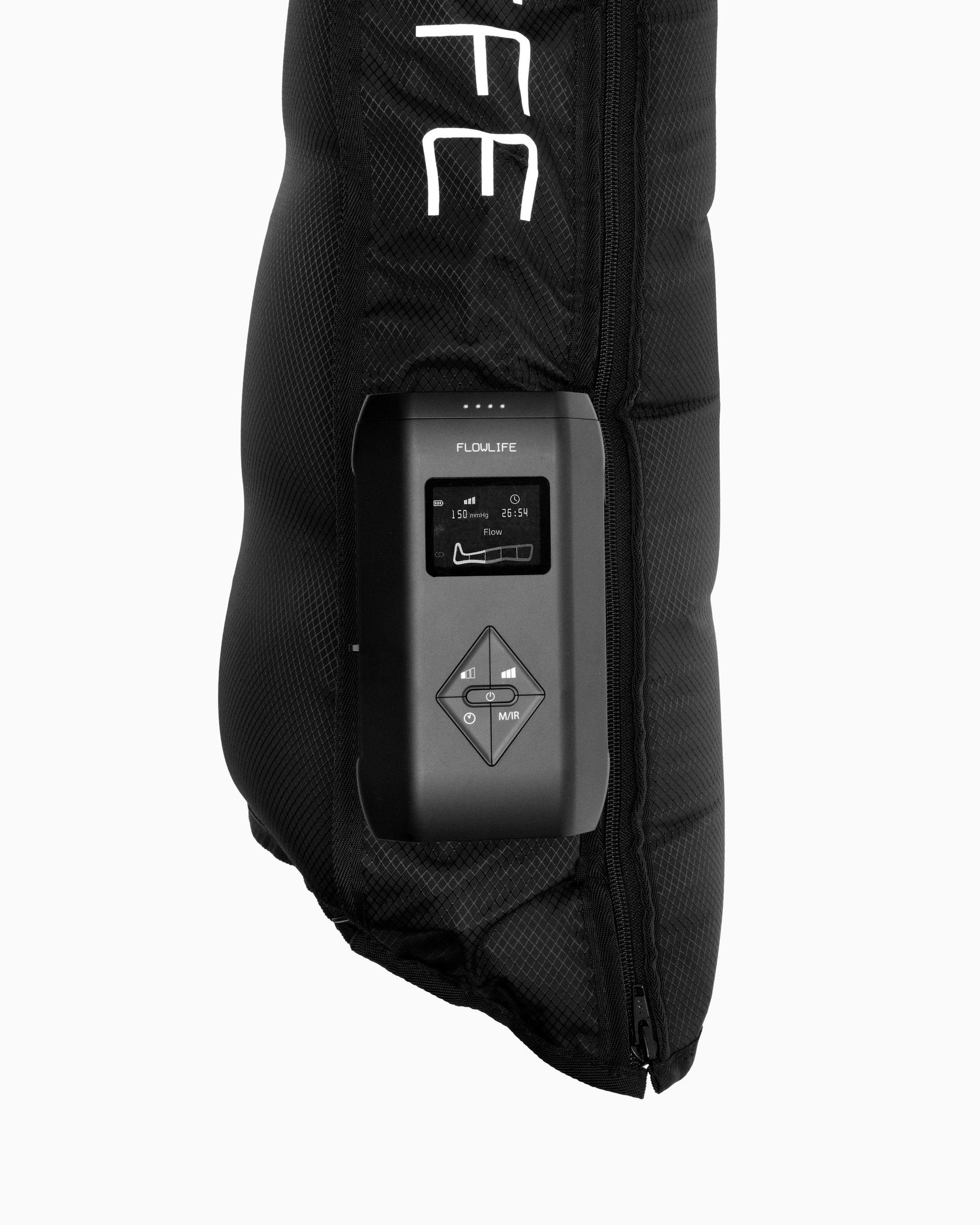 Close-up of the Flowpression Boots Ultra Red Light control unit with display on the boot