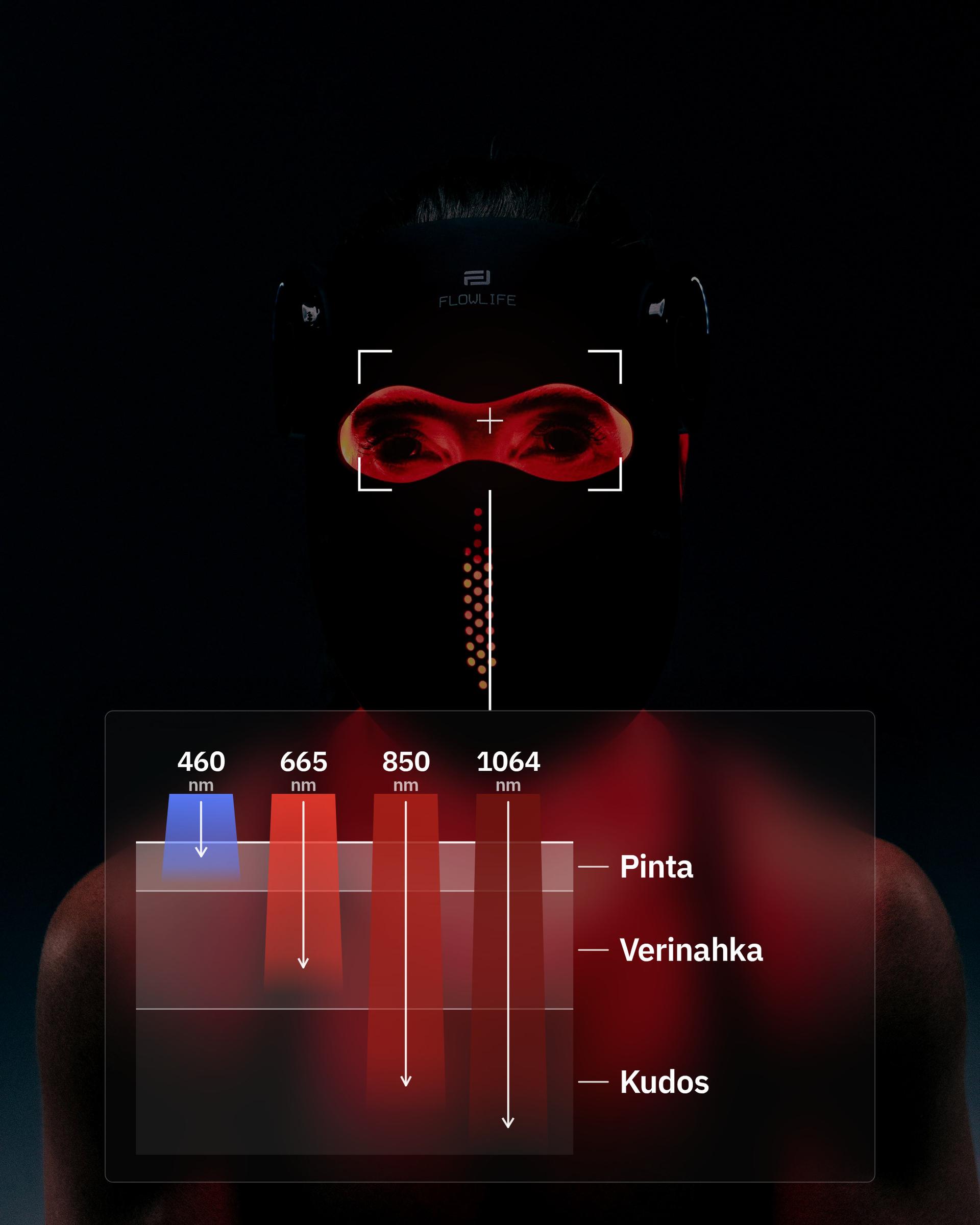 Flowlight Laser Mask Ultra+ Four Waves, kuvassa kunkin aallonpituuden ulottuminen eri syvyyteen ihossa