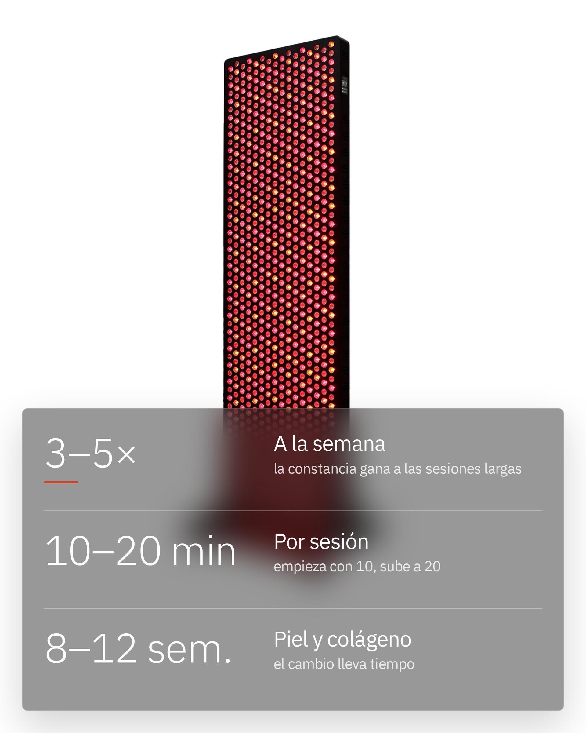 Flowlight Panel 4300 Eight Waves en su soporte, con 3 a 5 sesiones a la semana y 10 a 20 minutos por sesión
