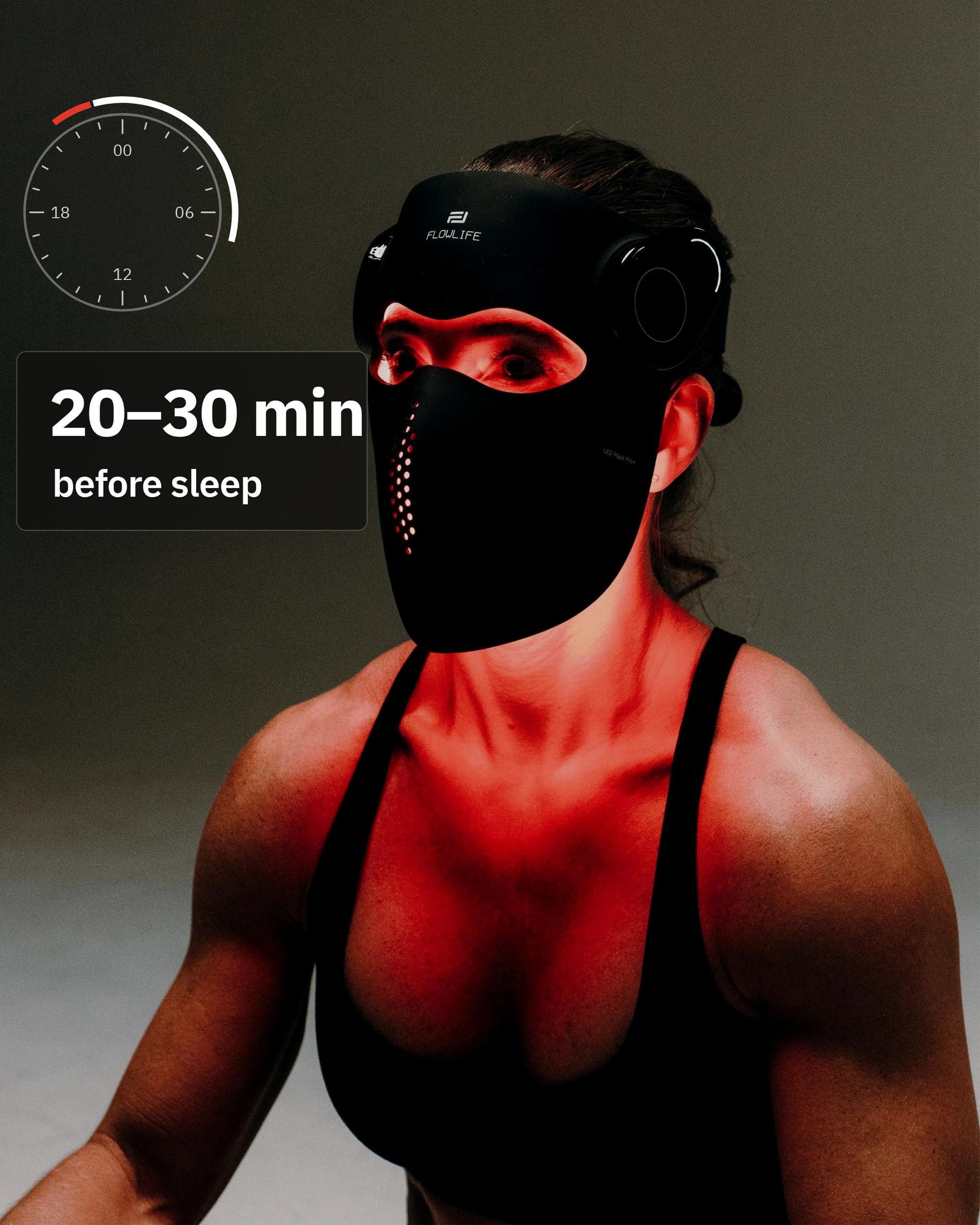 Flowlight LED Mask Pro+ Three Waves, with a 24-hour clock and 20 to 30 minutes before sleep