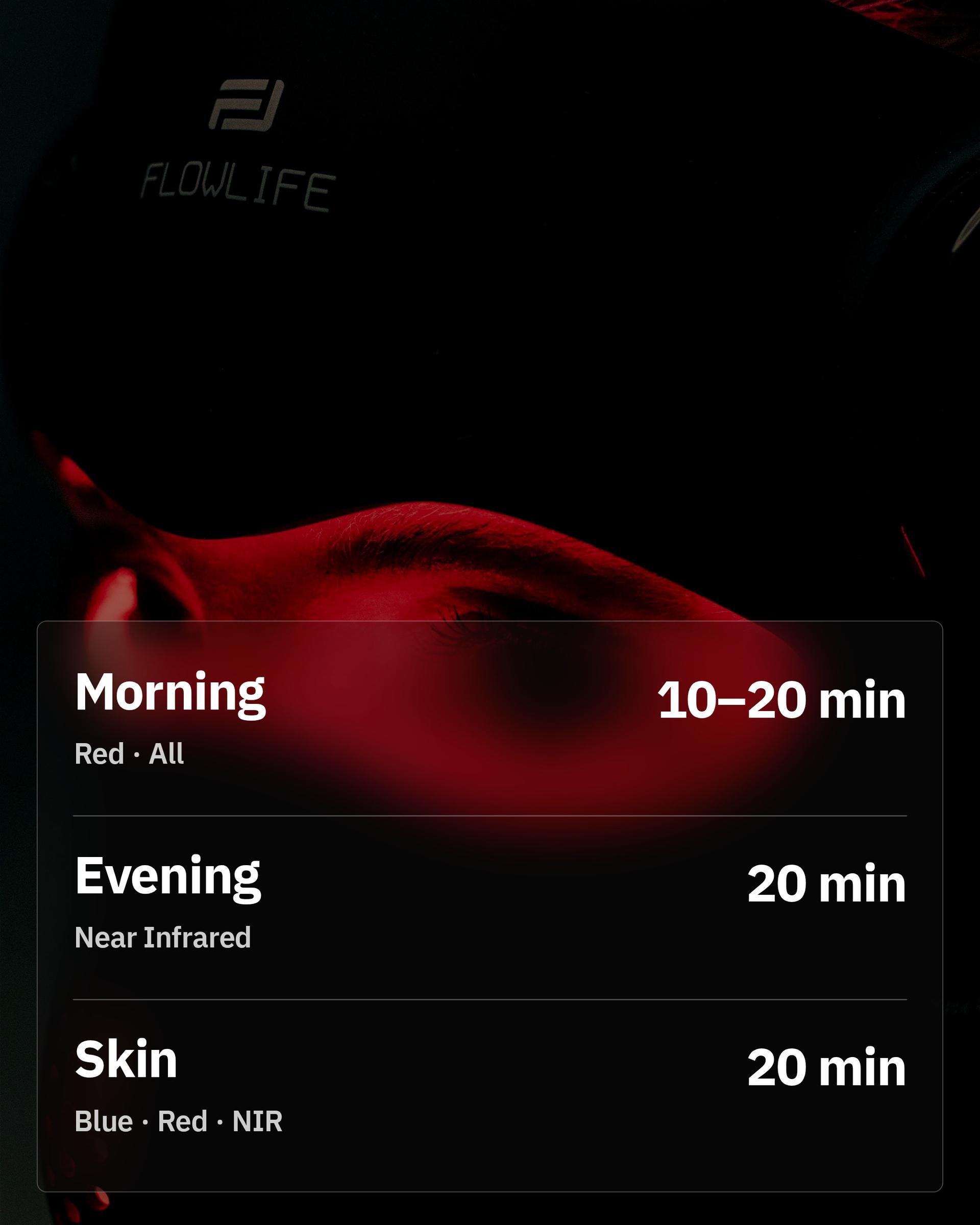Flowlight LED Mask Pro+ Three Waves, with suggested settings for morning, evening and skin