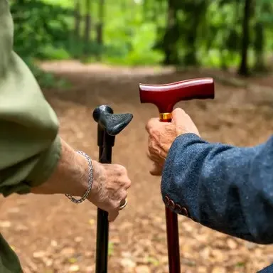 Twee personen waarvan je de arm ziet met een wandelstok in het bos