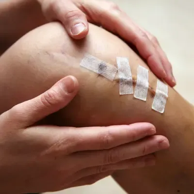 Een persoon met verbanden om de knie, zichtbaar zittend op een stoel.