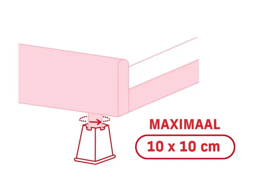 Rood, wit en roze tekening van een bed met een bedverhoger die aangeeft dat de poot maximaal 10 bij 10 cm mag zijn