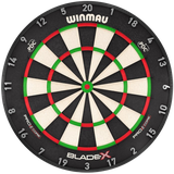 Winmau Blade X dartboard with a black, white, red, and green design, displaying numbers from 1 to 20.