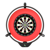 Dartboard with Scolia auto scoring system, surrounded by a bright red circular border, on a white background.