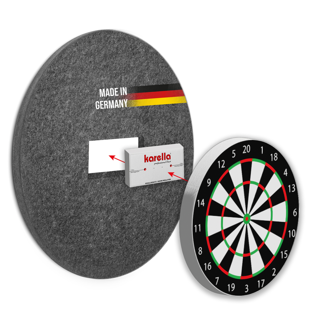 A dartboard with numbered sections alongside a circular backing with "Made in Germany" text and an attached Karella packaging.