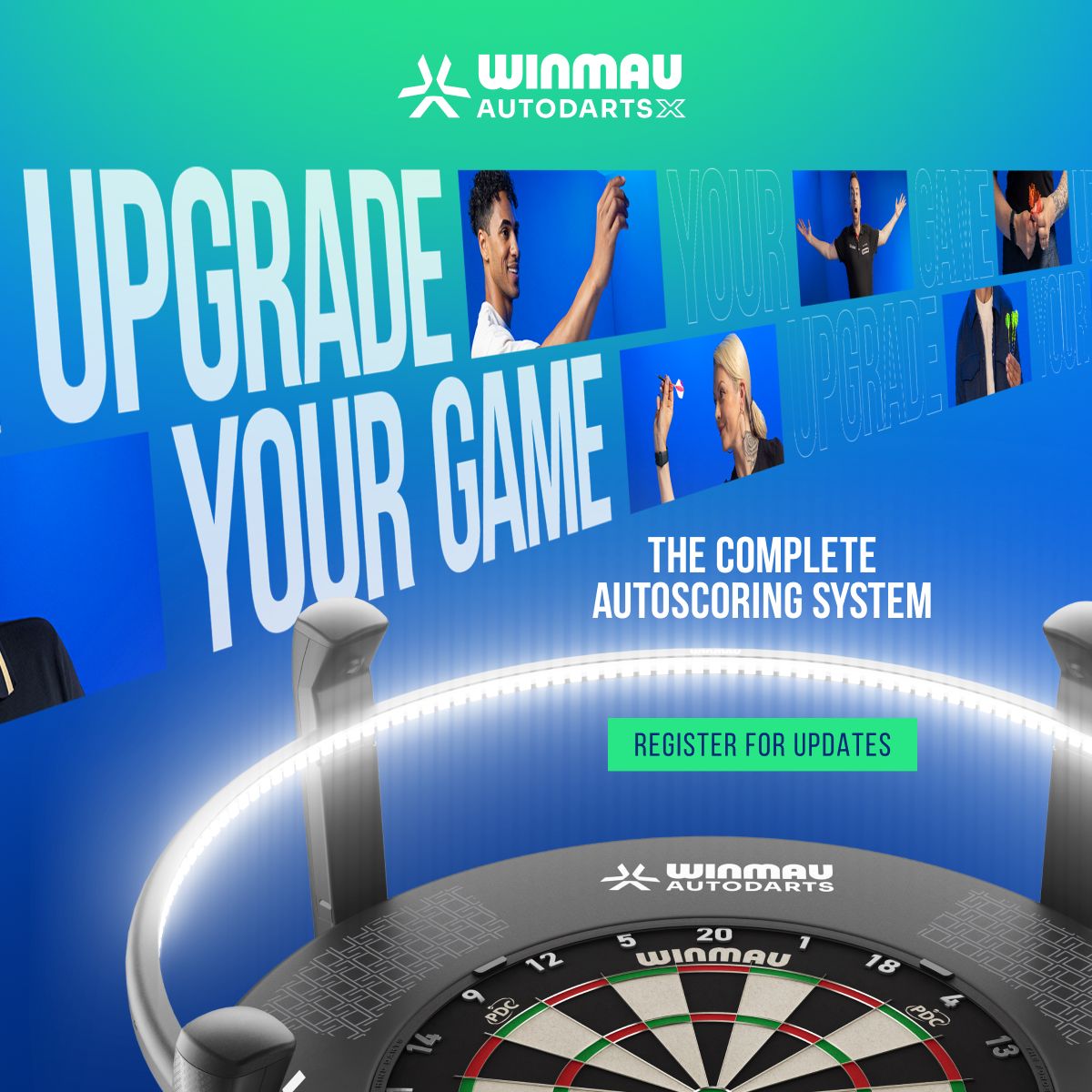 Winmau AutoDarts advertisement with a dartboard, slogan "Upgrade Your Game," and call to action "Register for Updates."