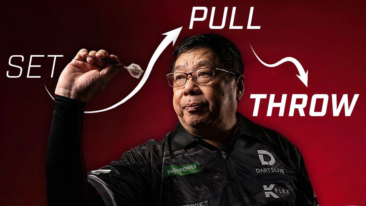 Paul Lim in a darts stance against a red background, with the words "Set," "Pull," and "Throw" labeled with arrows indicating motion.