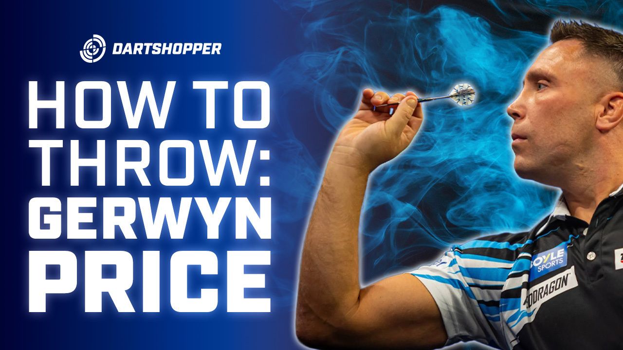 Gerwyn Price in striped shirt holding a dart, aiming intently. Text reads, "How to Throw: Gerwyn Price." Blue smoke effect in background.