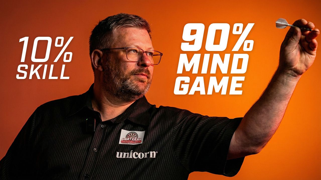 James Wade aiming a dart, wearing a black shirt with "unicorn" logo. Text says "10% Skill" and "90% Mind Game" on an orange background.