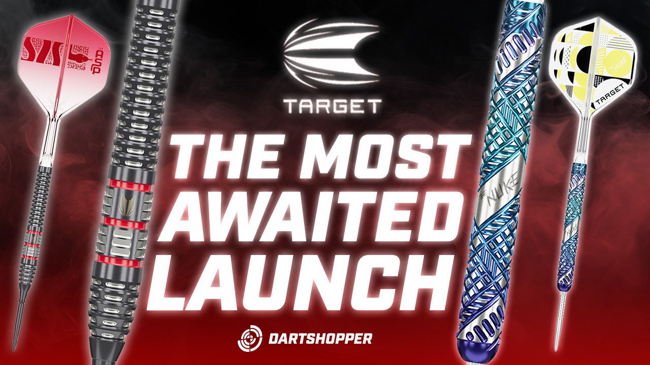 Three decorative darts and barrels flanking bold text "THE MOST AWAITED LAUNCH" with Target and Dartshopper logos on a red smoky background.