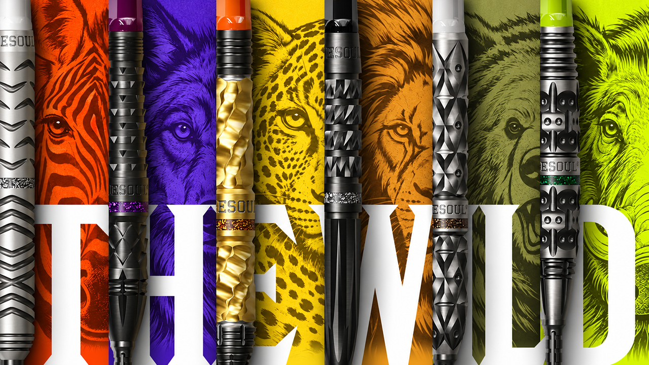 Colorful pens with textured designs against a background of stylized animal illustrations, spelling "THE WILD."