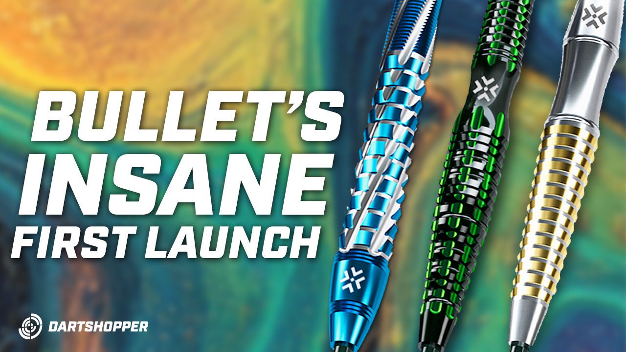 Three colorful darts with unique designs are displayed vertically beside bold text: "BULLET'S INSANE FIRST LAUNCH." Dartshopper logo included.