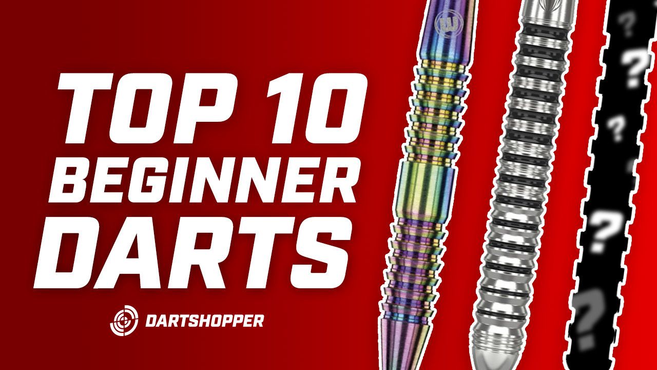 "Top 10 Beginner Darts" text on red background with images of three different darts featuring varying colors and designs.