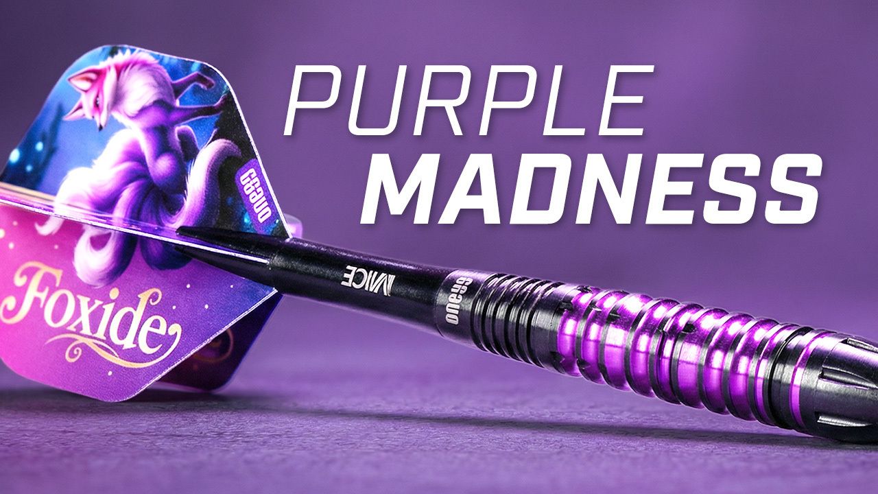 A One80 dart with a purple gradient design, featuring the text "PURPLE MADNESS" and "Foxide" against a purple background.