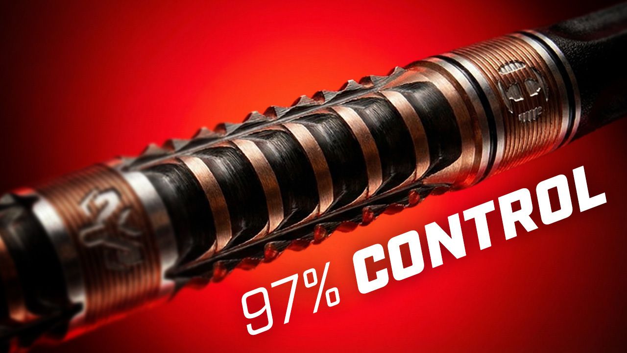 Close-up of a metallic Harrows dart barrel with grooves and copper accents, set against a vibrant red background with "97% CONTROL" text in bold white.