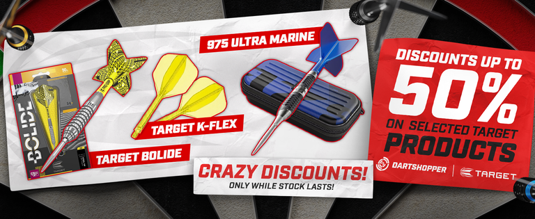 Darts and packaging with bold text: "Crazy Discounts!," "Discounts up to 50% on selected Target products," featuring Bolide and Ultra Marine darts.