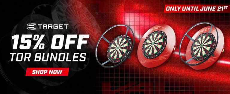 Promotional image for Target's 15% off Tor bundles, showing dart boards. Offer valid until June 21st. Red background, "Shop Now" button.