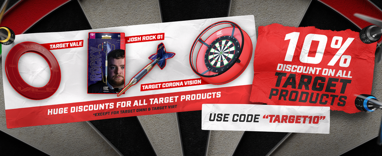Promo image for Target products, including darts and a dartboard, with a 10% discount code "TARGET10" excluding certain items.