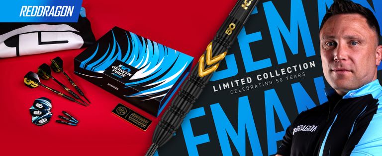 Limited-edition RedDragon darts set on red background with flights, shafts and blue-striped box; portrait of a man in black-and-blue jacket at right.