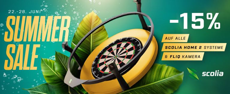 Summer Sale ad featuring a dartboard surrounded by leaves, offering 15% off Scolia Home 2 systems and Fliq camera from June 22-28.