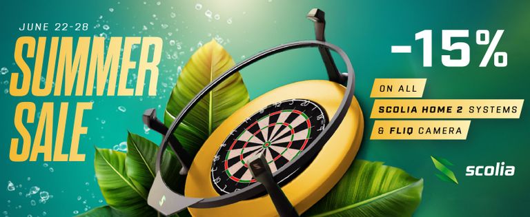 Summer Sale banner: June 22-28, 15% off Scolia Home 2 Systems and FLIQ camera, dartboard illustration with tropical leaves.