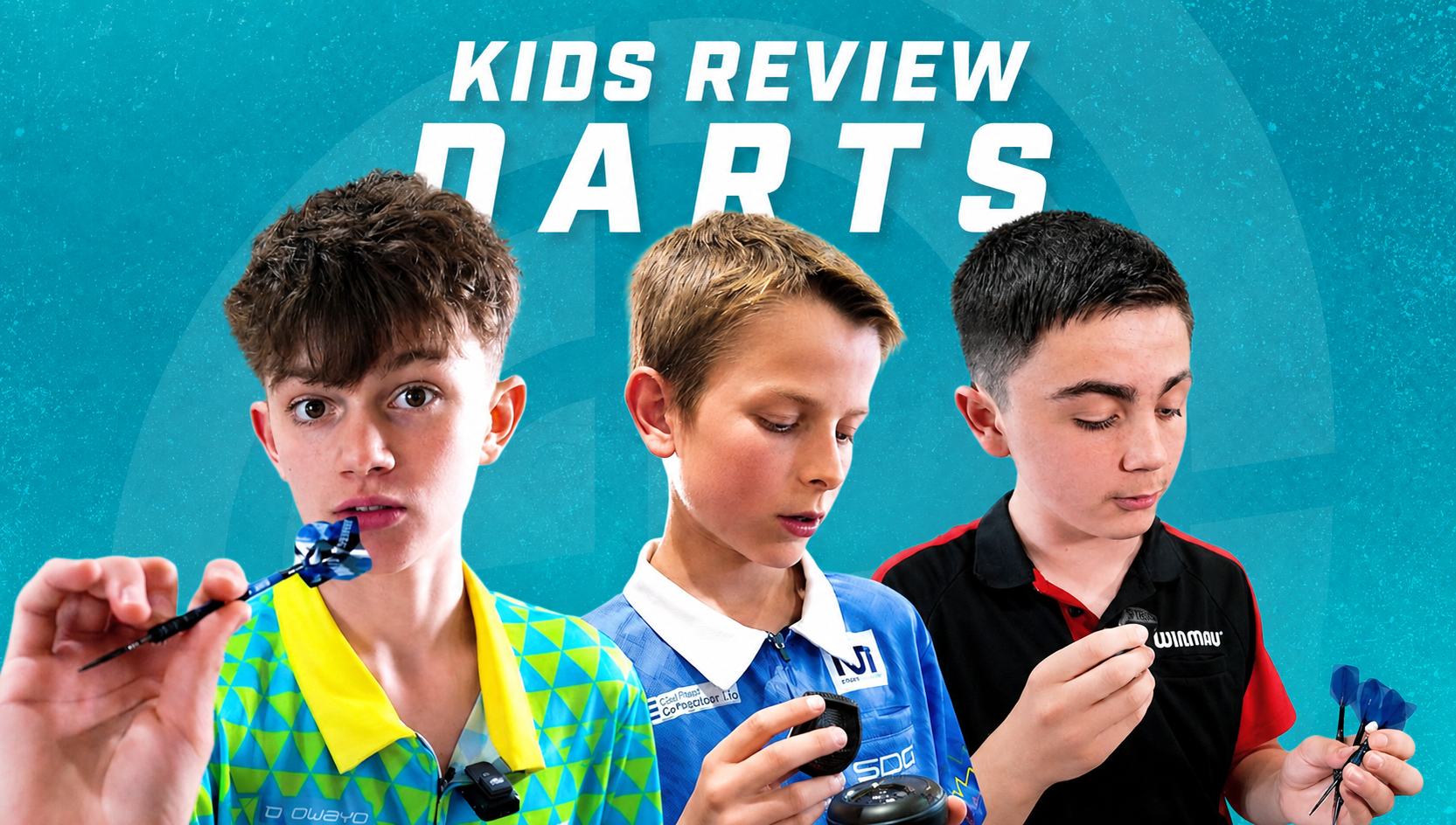 Three kids in colorful shirts review darts against a blue background with text "Kids Review Darts."