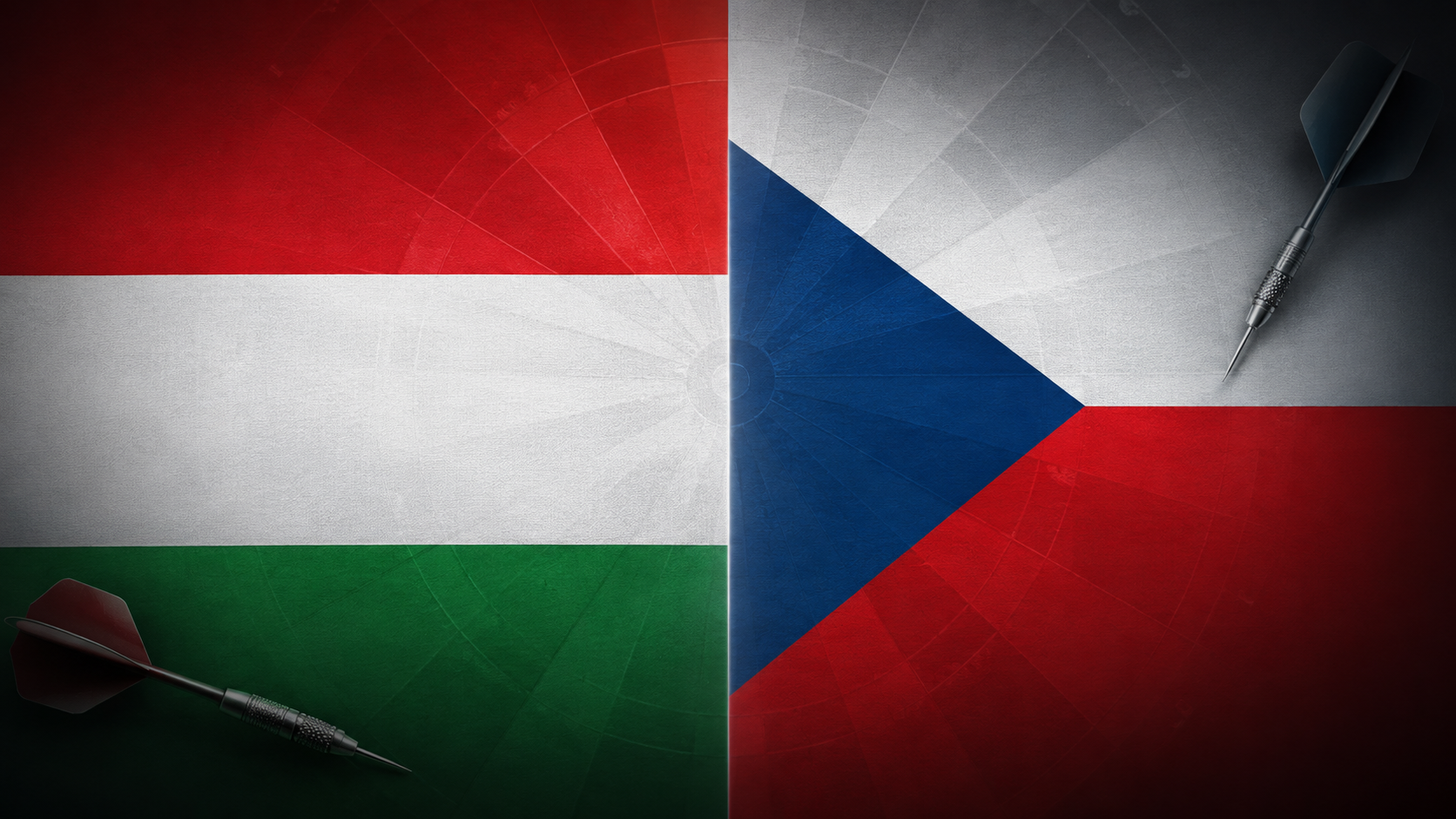 Split image of Hungarian and Czech flags with darts on each side, symbolizing a match or competition.
