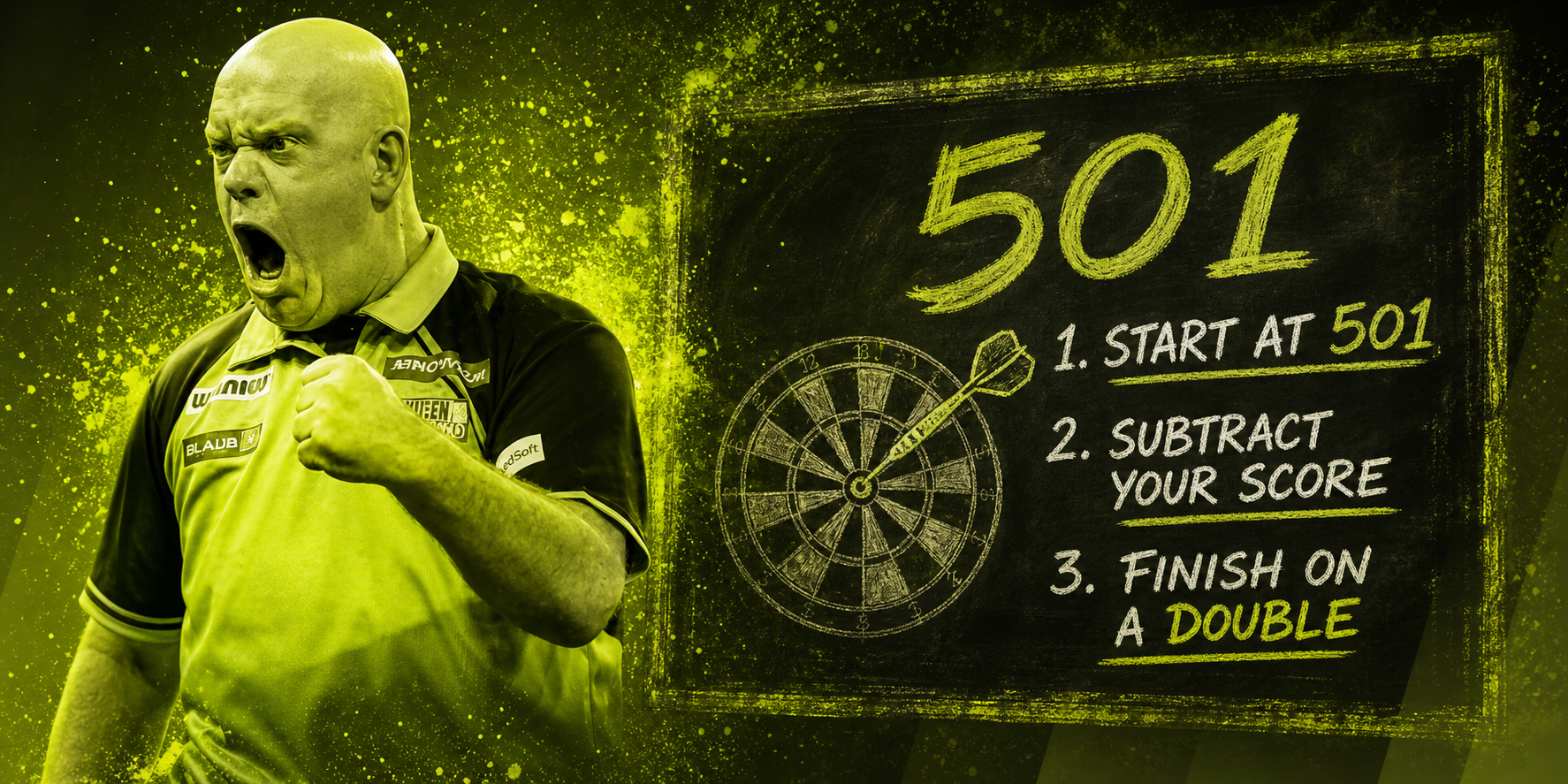 Man in a green shirt passionately cheering, with darts scoring instructions reading "501" beside him on a chalkboard.