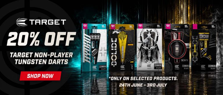 Promotion for Target Tungsten Darts with 20% off. Sale on selected products from 24th June to 3rd July. Shop now.