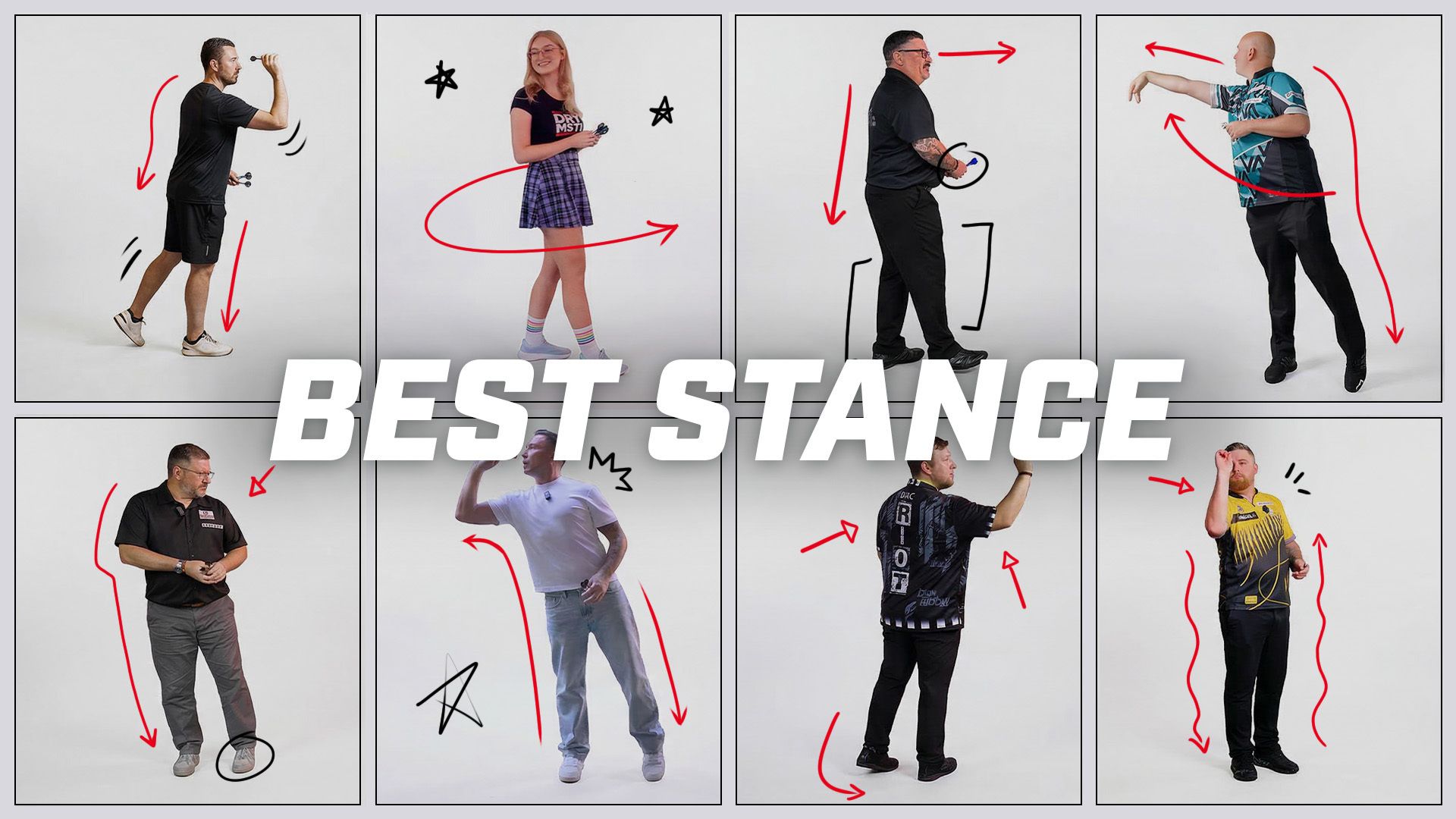 Eight darters in different poses with darts; red arrows and lines emphasizing movement. Bold text in center: "BEST STANCE."