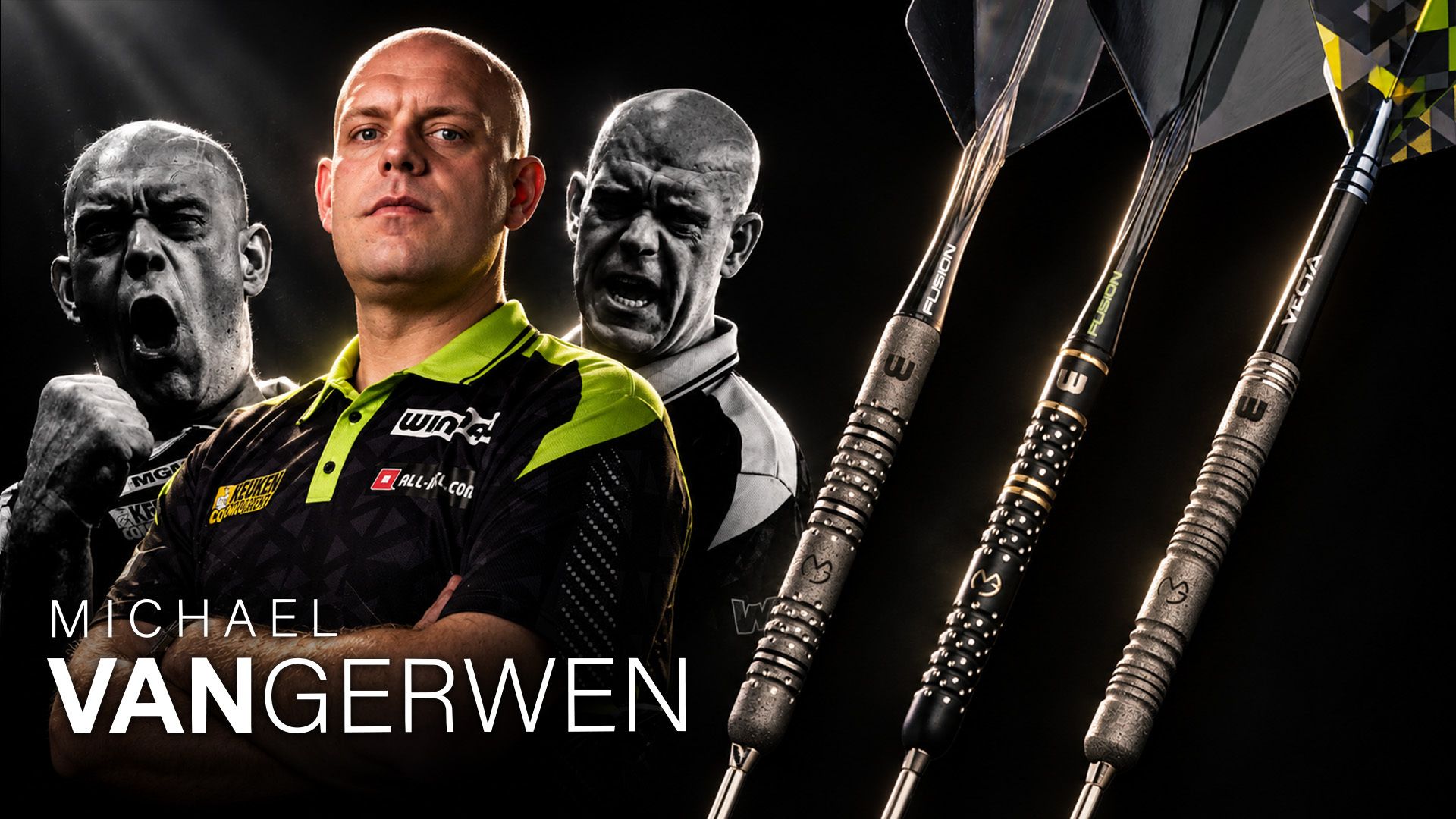 A person with a serious expression wearing a black and green shirt, flanked by images of them celebrating, next to three darts.