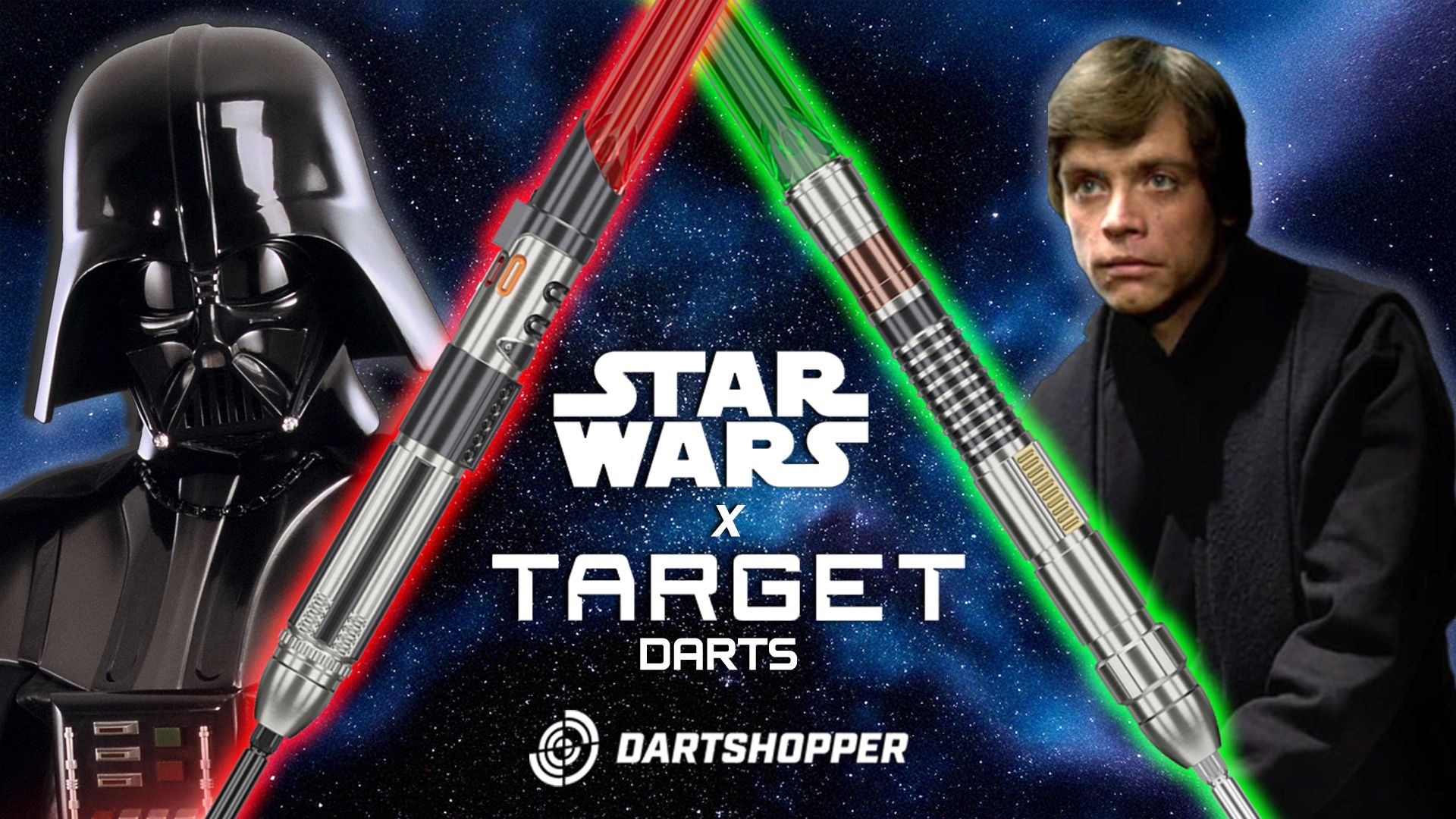 Darth Vader and a young man with lightsabers, "Star Wars x Target Darts" logo, galaxy background.