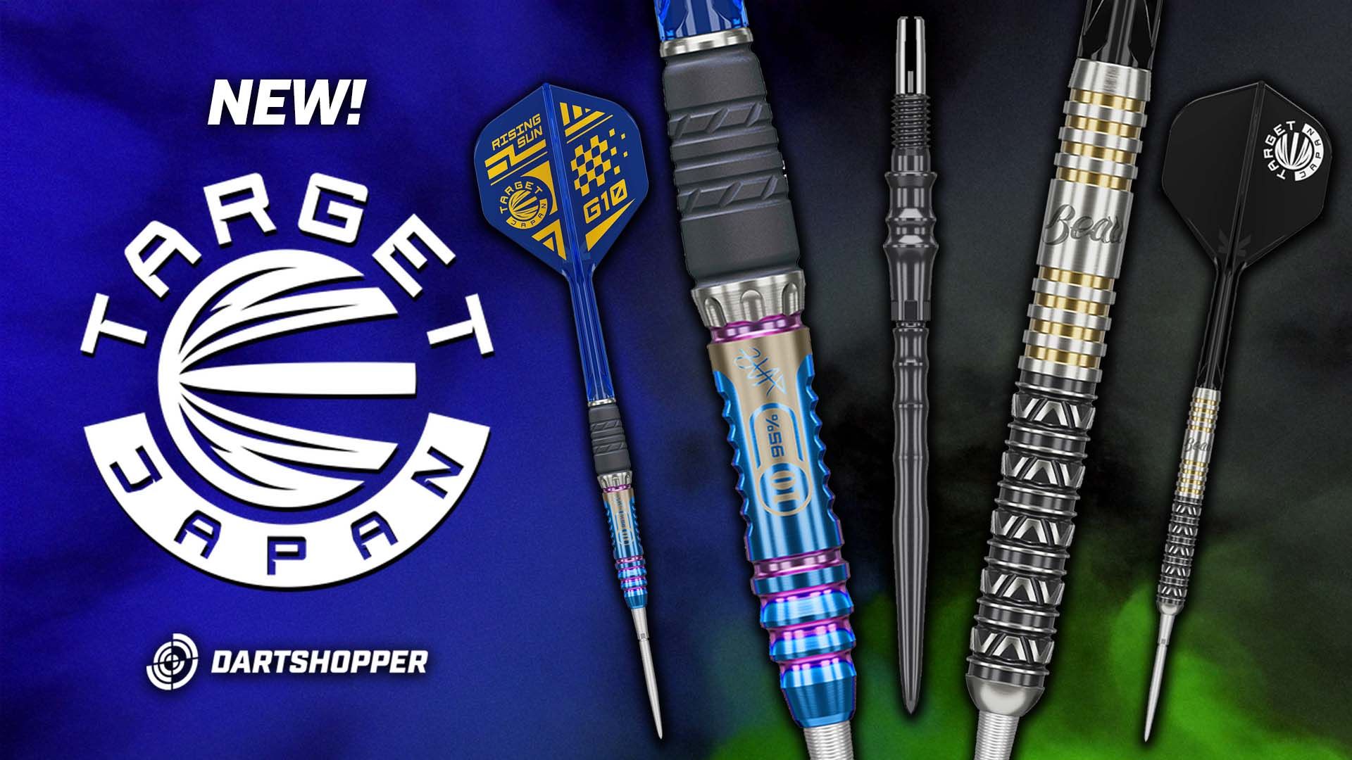 Promotional image: Target Japan logo and five detailed darts with colorful textured barrels and flights on blue-green background.