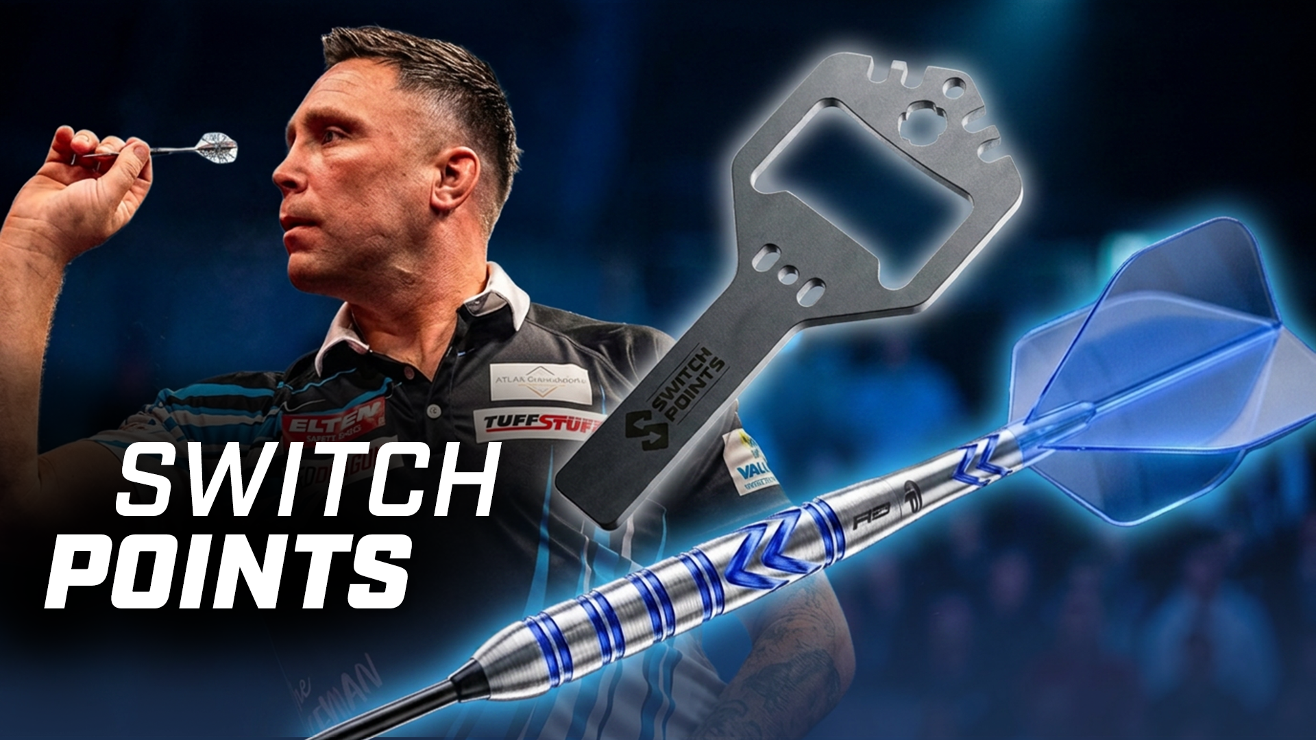 Man aiming a dart with "Switch Points" branding, a dart tool, and a close-up of a blue dart.