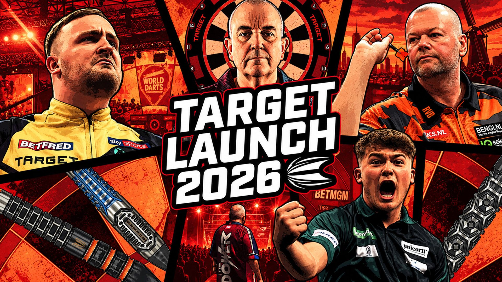 Collage of dart players and audience with "Target Launch 2026" text, featuring intense expressions and dartboards in a vibrant red theme.