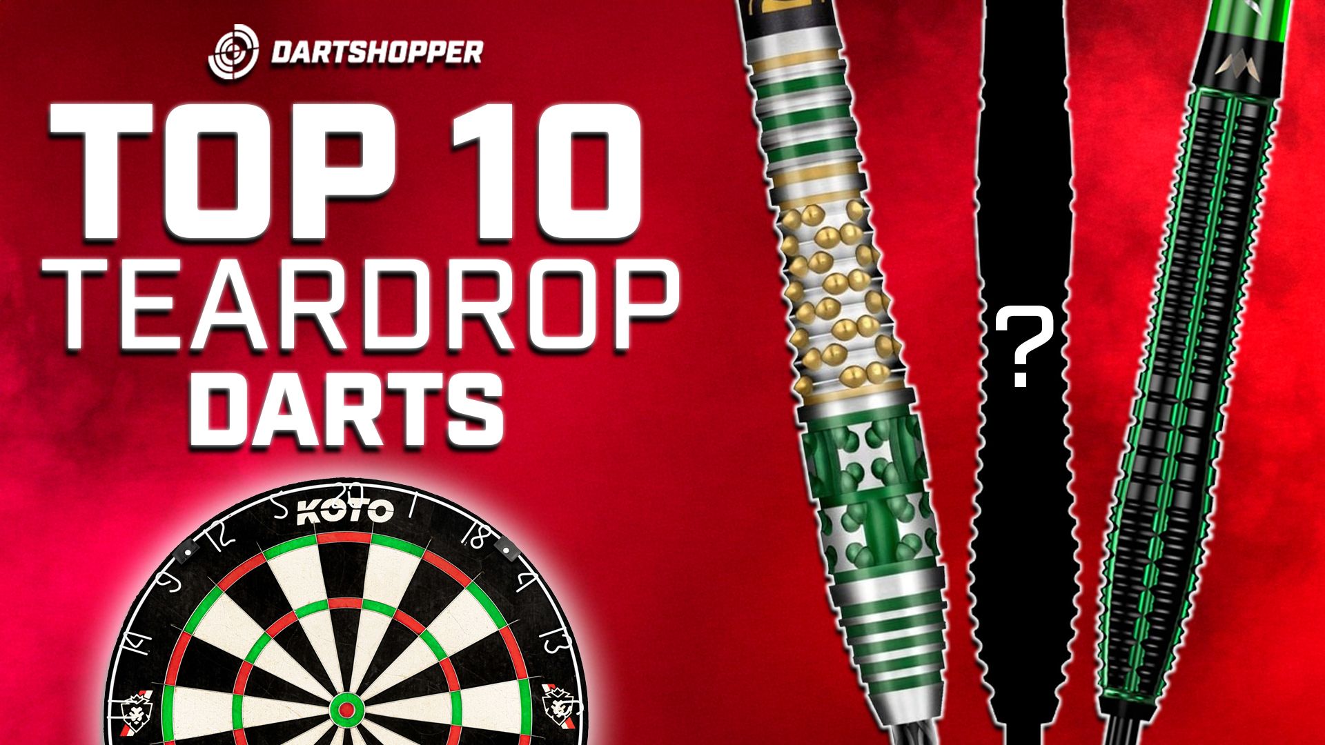 Red background with "Top 10 Teardrop Darts" text, two darts with unique designs, and a dartboard in the corner.