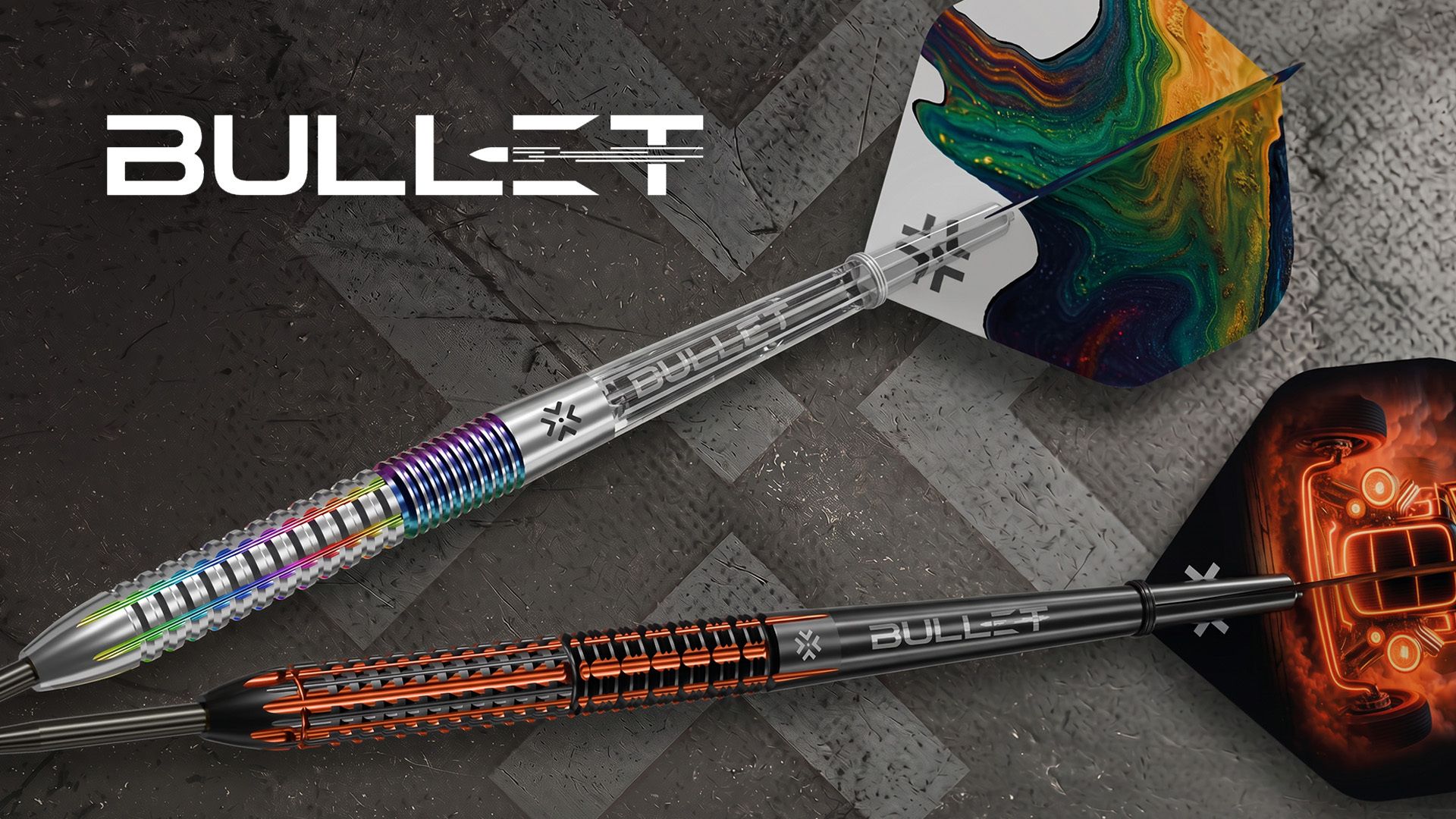 Two sleek darts with colorful and intricate designs on their flights, placed on a textured dark background with the word "Bullet" in bold text.