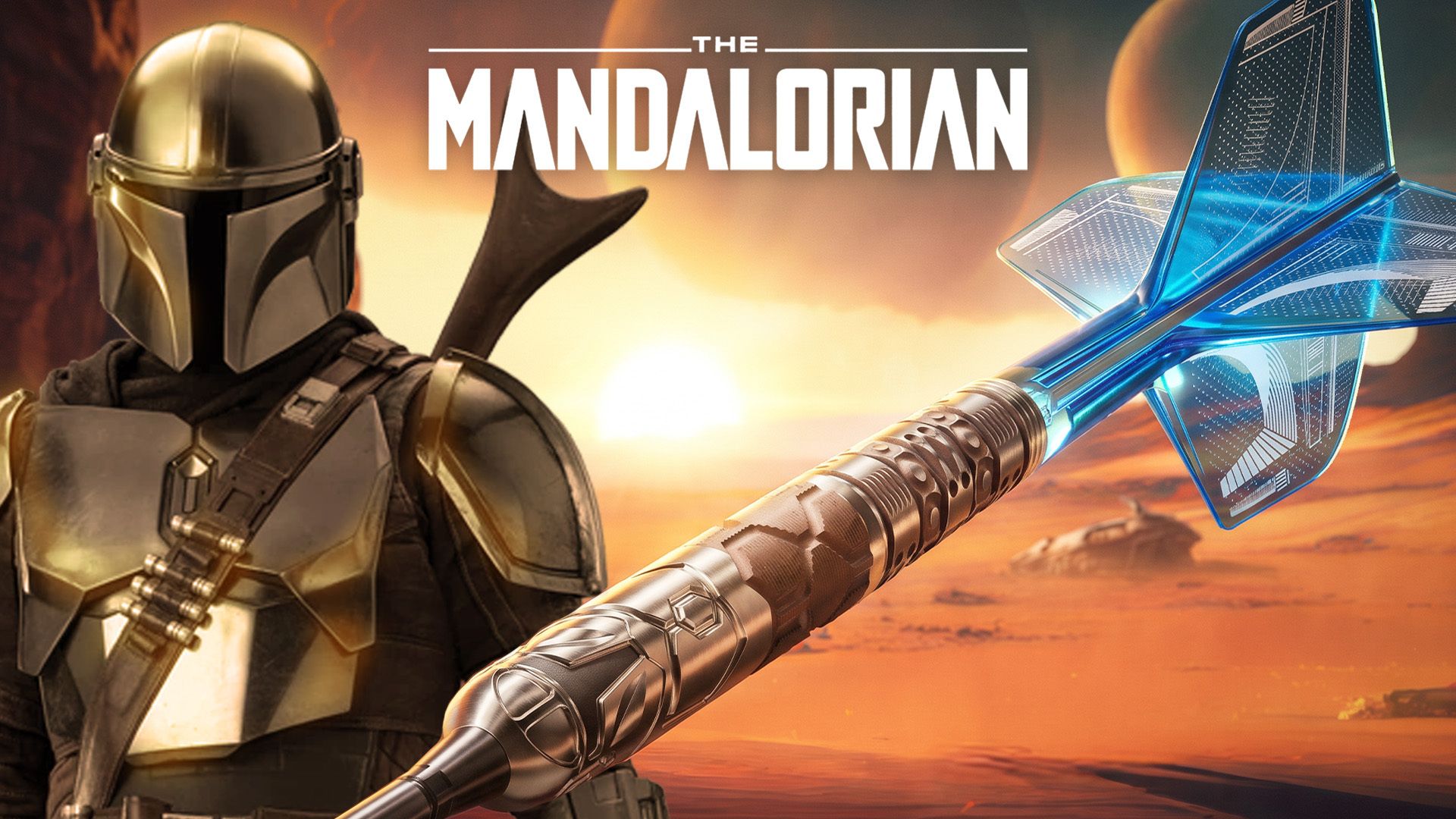 Helmeted figure in armor stands against a sunset desert backdrop, with a detailed sci-fi weapon overlay; text reads "The Mandalorian."